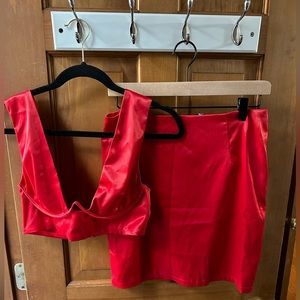 Satin red sexy two piece skirt set